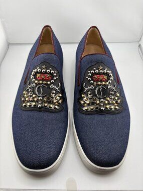 #S143 Christian Louboutin Embellished Slip‑On Sneakers Blue